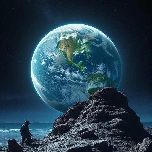 An expansive vista of colossal alien geological formations with glowing rivers and a binary sun system.